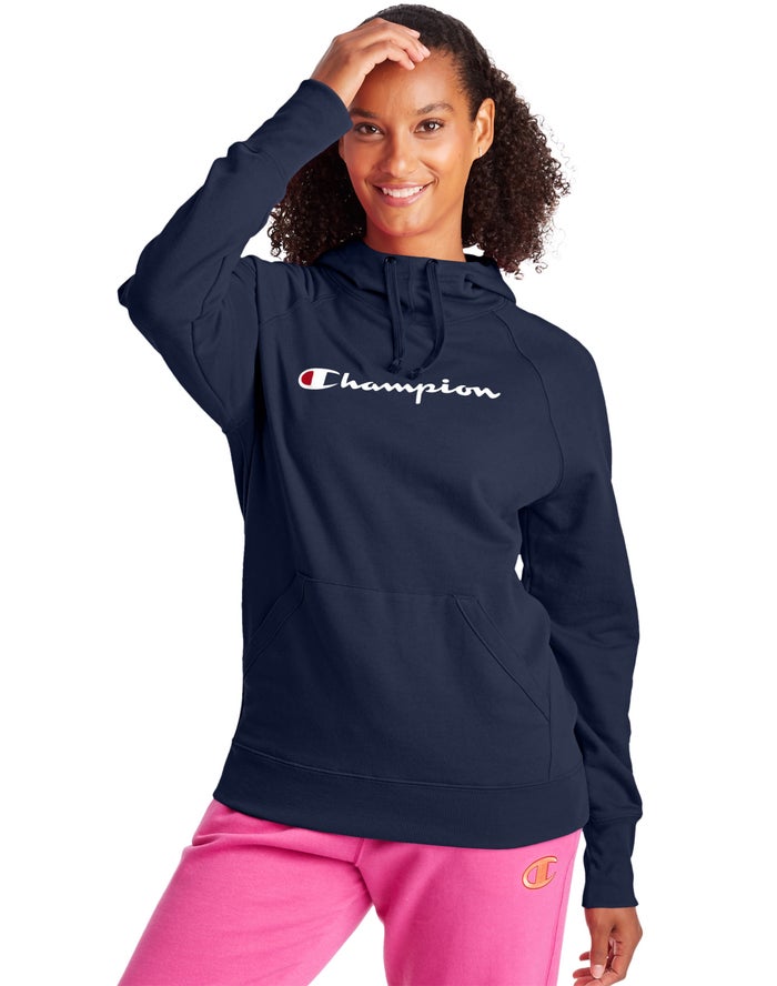 Champion Powerblend Fleece Script Logo Kadın Kapşonlu Sweatshirt Lacivert ( UPCRKJ253 )